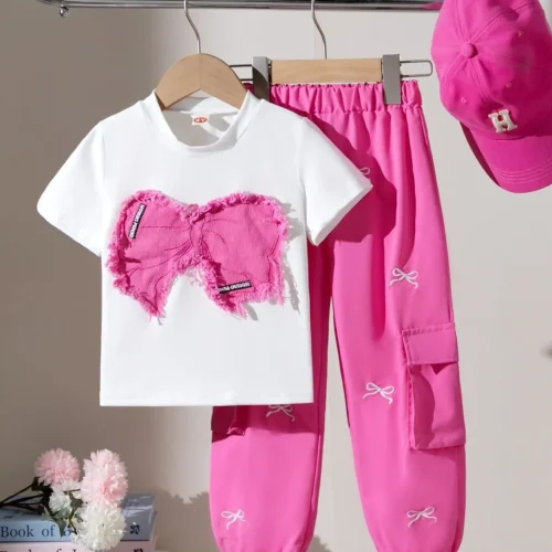 Girls Bow Print T-Shirt & Jogger Set