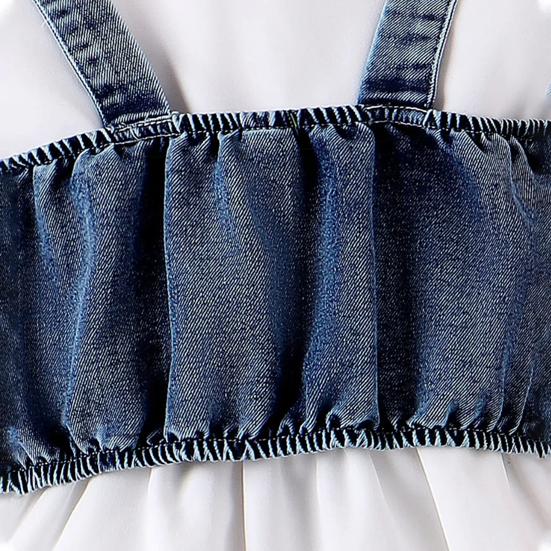 Girls' White Short-Sleeve Tiered Dress with Denim Vest Overlay Set