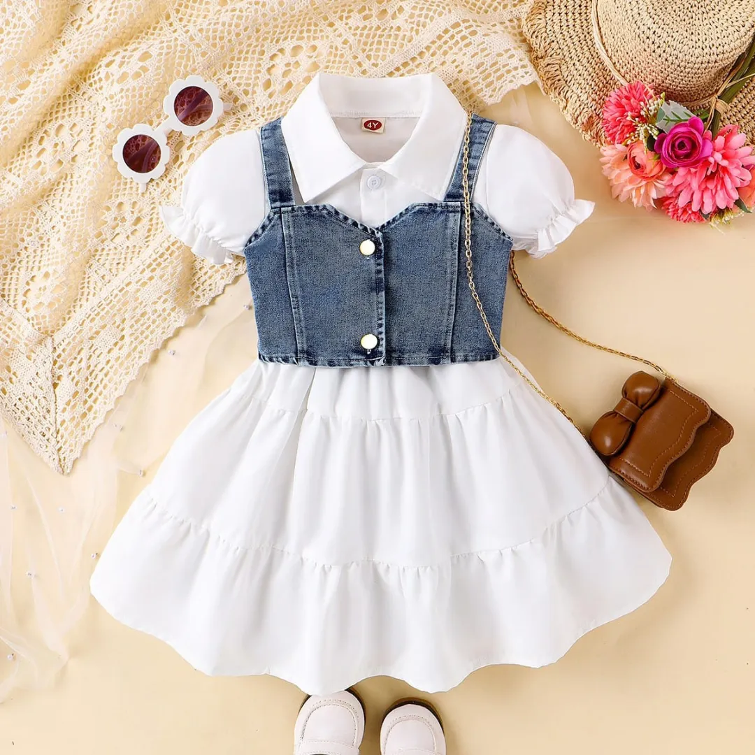 Girls' White Short-Sleeve Tiered Dress with Denim Vest Overlay Set