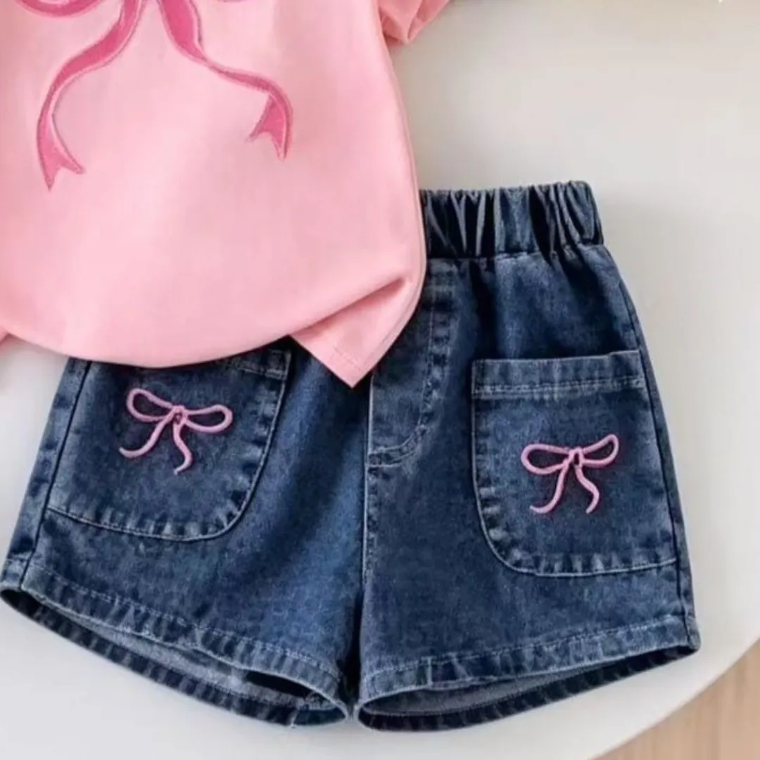 Girls Pink Ribbon T-Shirt & Denim Shorts 2-Piece Set