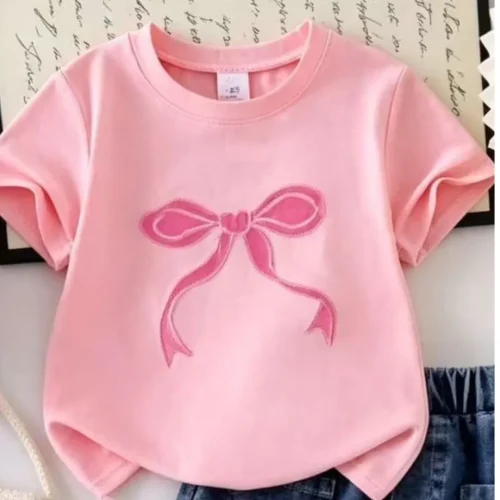 Girls Pink Ribbon T-Shirt & Denim Shorts 2-Piece Set