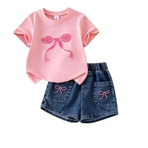 Girls Pink Ribbon T-Shirt & Denim Shorts 2-Piece Set