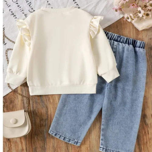 oddler Girls Cute Cream Ruffle Sweatshirt & Bow Detail Denim Jeans 2-Piece Outfit Set