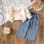oddler Girls Cute Cream Ruffle Sweatshirt & Bow Detail Denim Jeans 2-Piece Outfit Set - 2-3Y