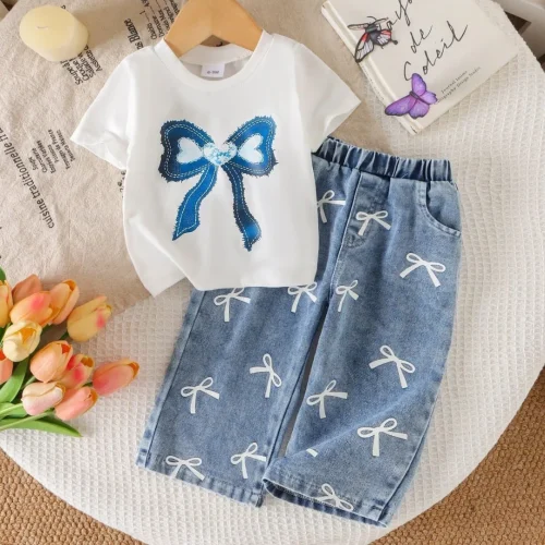 2-Piece Toddler Girls Blue Ribbon Bow T-Shirt & All Over Bow Denim Jeans Set