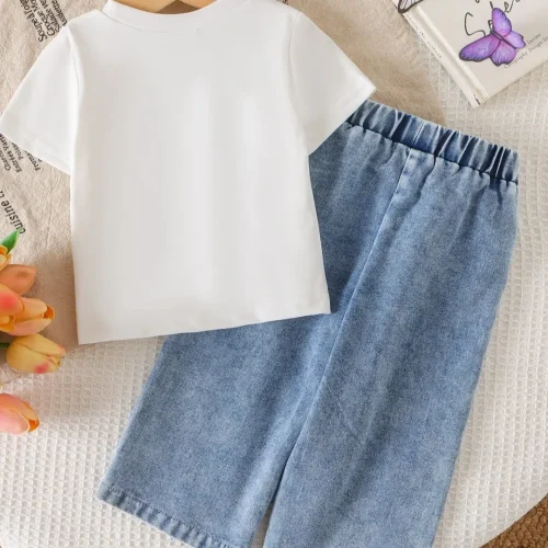 2-Piece Toddler Girls Blue Ribbon Bow T-Shirt & All Over Bow Denim Jeans Set