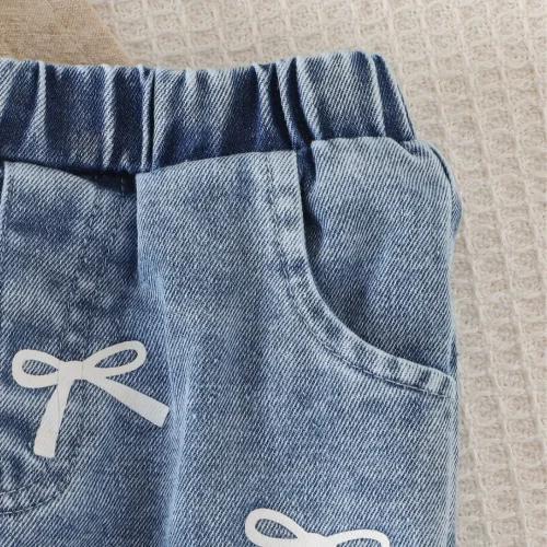 2-Piece Toddler Girls Blue Ribbon Bow T-Shirt & All Over Bow Denim Jeans Set