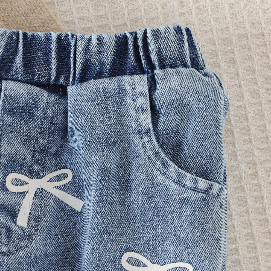 2-Piece Toddler Girls Blue Ribbon Bow T-Shirt & All Over Bow Denim Jeans Set