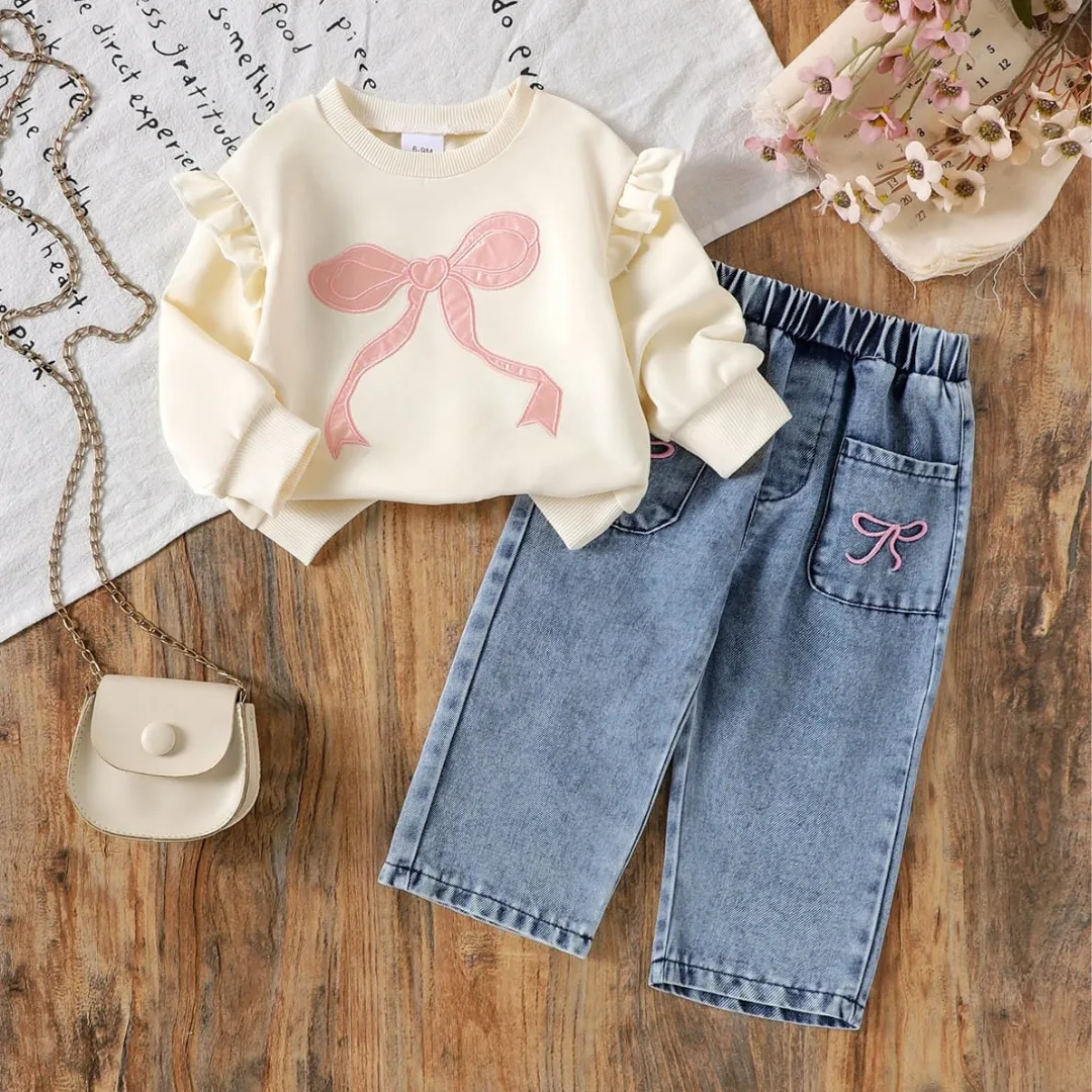 oddler Girls Cute Cream Ruffle Sweatshirt & Bow Detail Denim Jeans 2-Piece Outfit Set