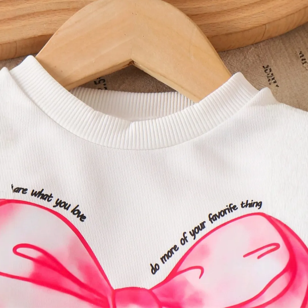 Toddler Baby Girl Pink Bow Long-Sleeve Top and Denim Skirt 2-Piece Set