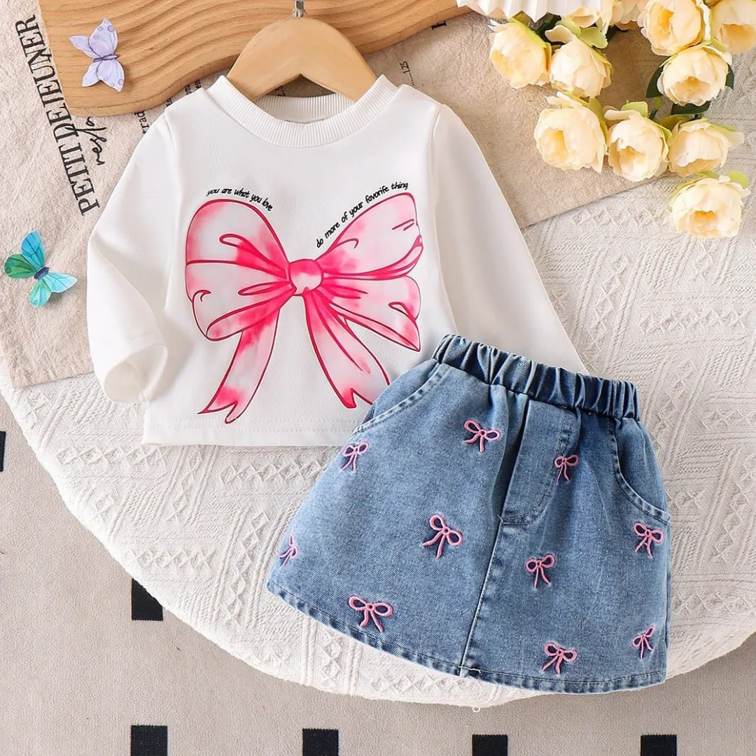 Toddler Baby Girl Pink Bow Long-Sleeve Top and Denim Skirt 2-Piece Set