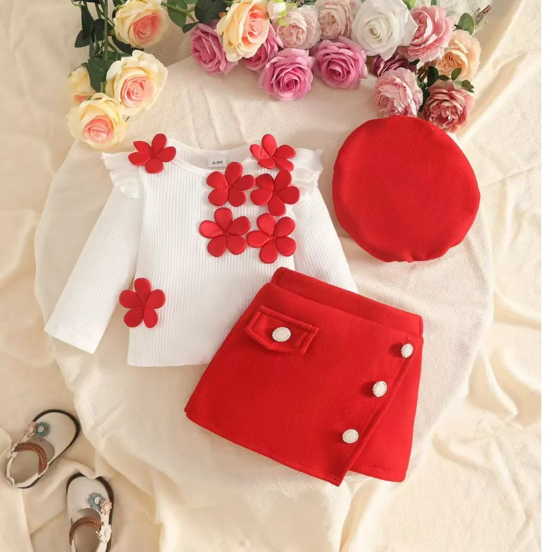 Baby & Toddler Girls 3-Piece Floral Top, Skort & Beret Hat Set