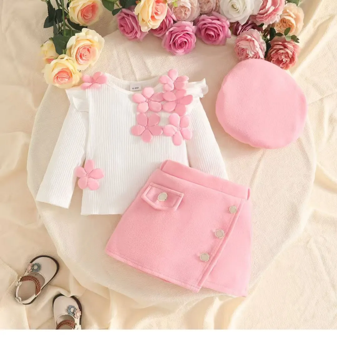Baby & Toddler Girls 3-Piece Floral Top, Skort & Beret Hat Set