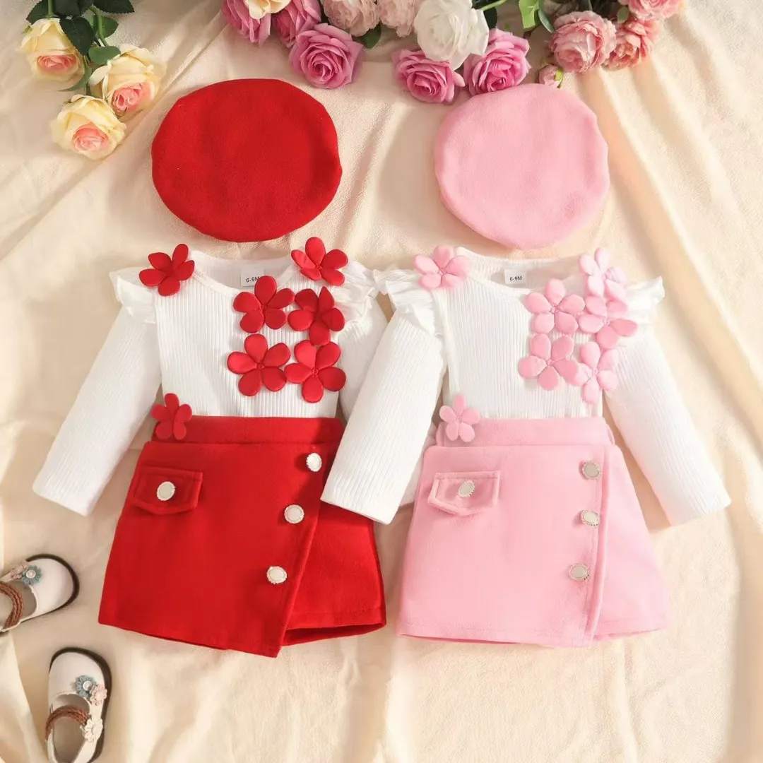 Baby & Toddler Girls 3-Piece Floral Top, Skort & Beret Hat Set