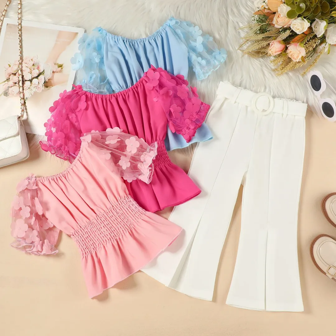 Girls Floral Mesh Puff Sleeve Smocked Peplum Top & Flare Pants Set