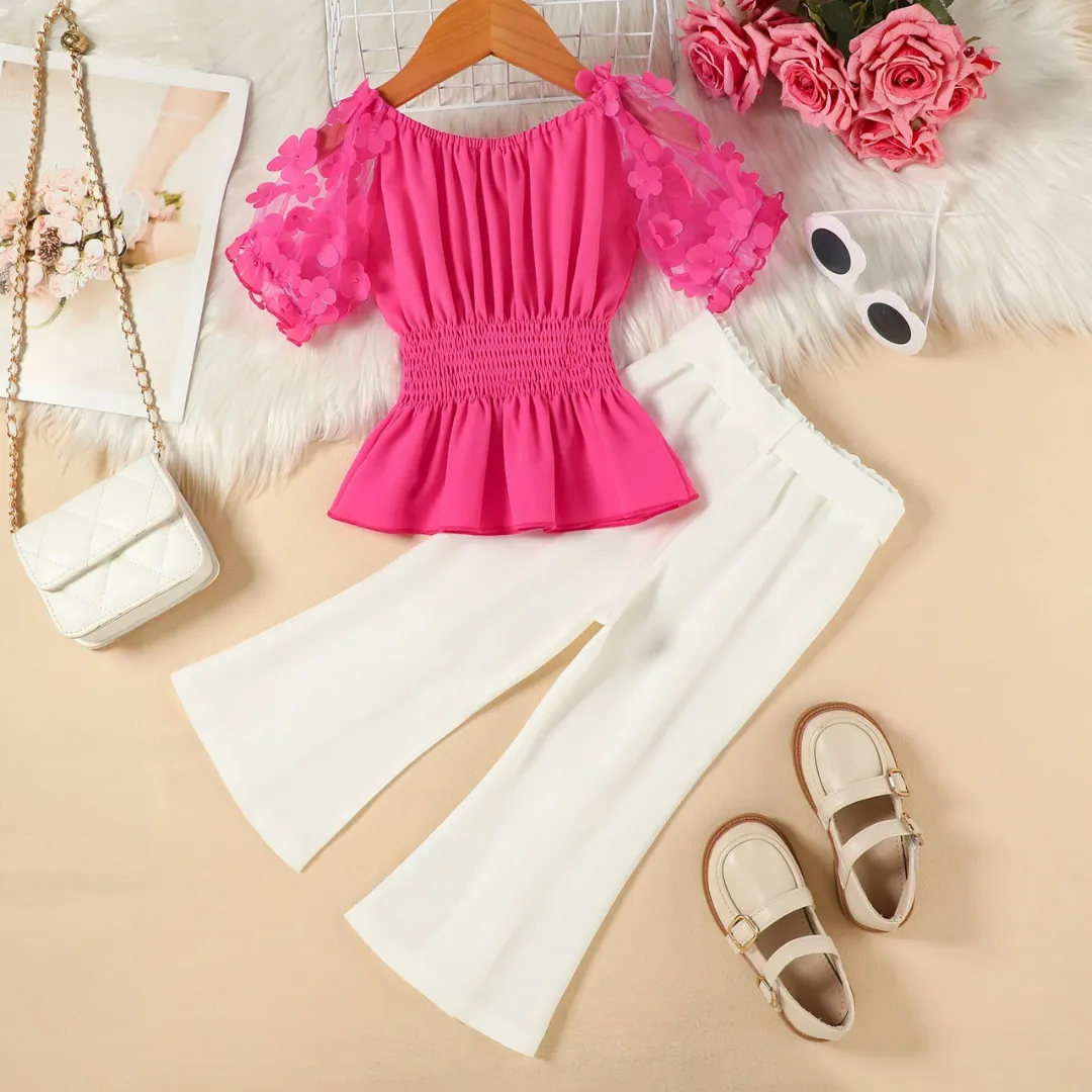Girls Floral Mesh Puff Sleeve Smocked Peplum Top & Flare Pants Set