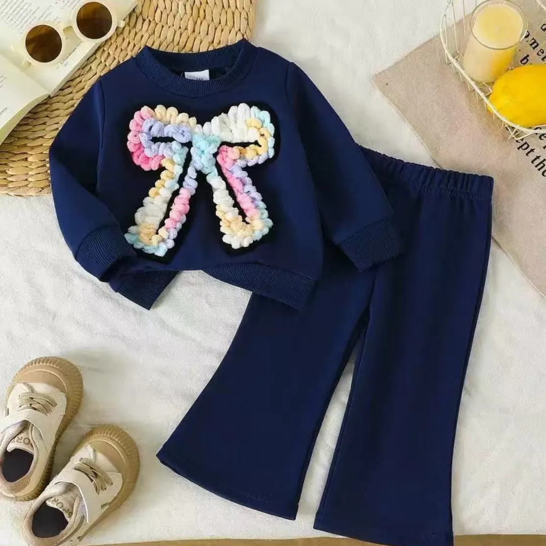 Girls' 2-Piece Navy Blue Sweatshirt & Flare Pants Set with Rainbow Chenille Bow