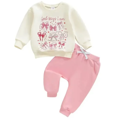 Toddler Baby Girls "God Says I Am" Bow Sweatshirt and Pink Sweatpants 2-Piece Set