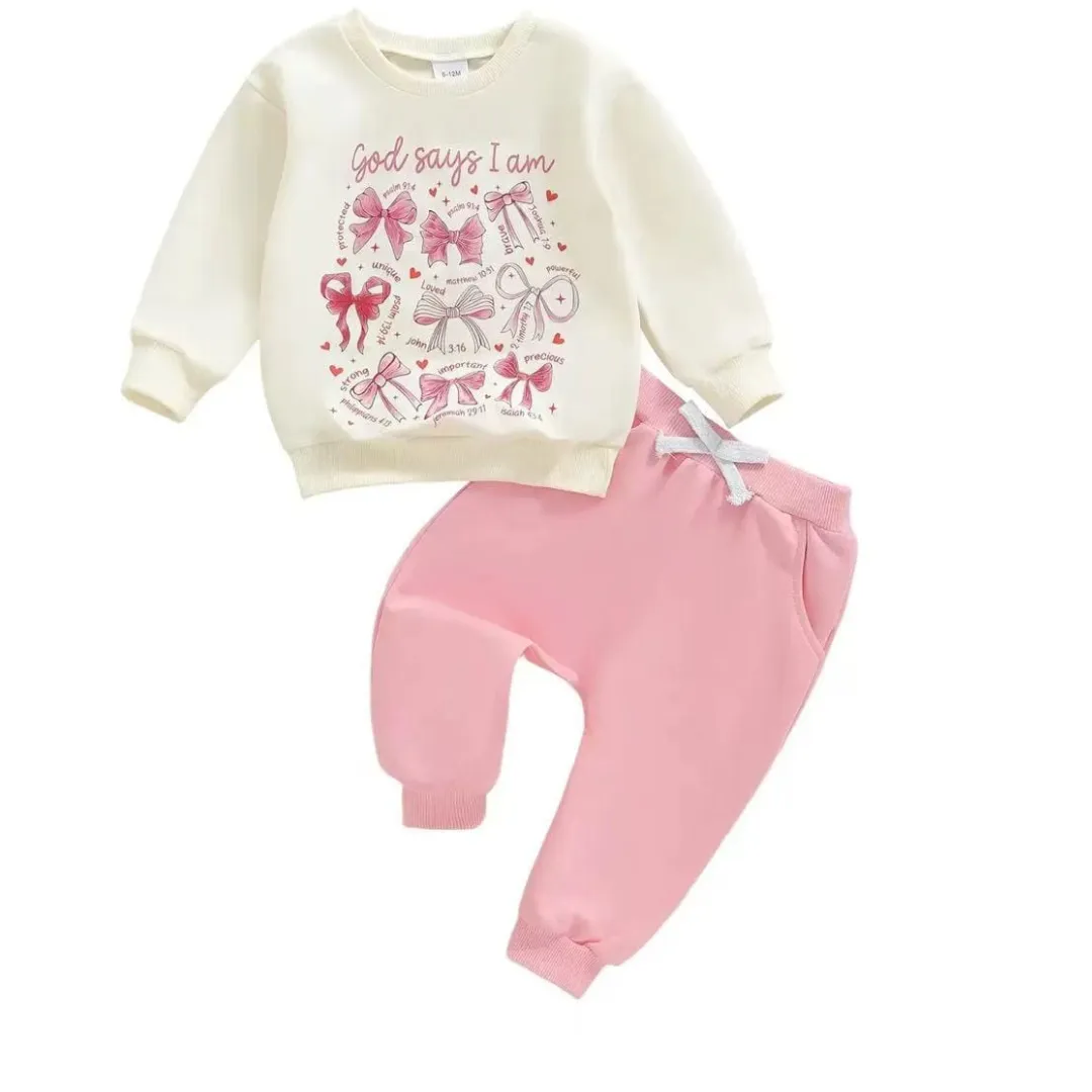 Toddler Baby Girls "God Says I Am" Bow Sweatshirt and Pink Sweatpants 2-Piece Set