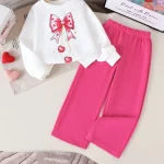 Girls' Bow & Cherry Graphic Sweatshirt and Hot Pink Wide-Leg Pants Set - 2-3Y