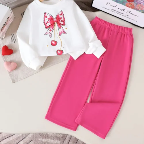 Girls' Bow & Cherry Graphic Sweatshirt and Hot Pink Wide-Leg Pants Set