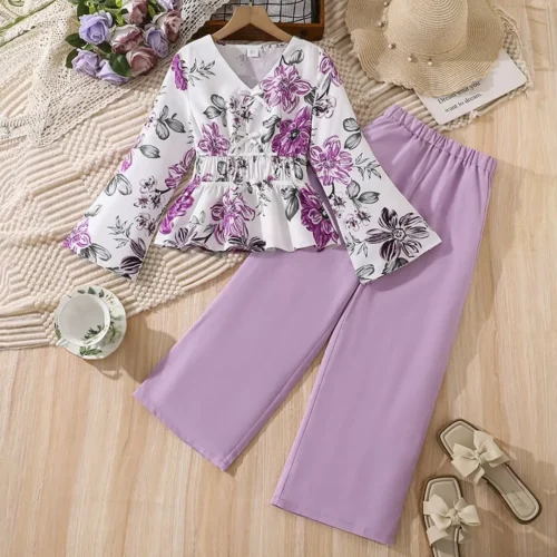 Girls Floral Print Bell-Sleeve Peplum Top and Wide-Leg Trousers Set