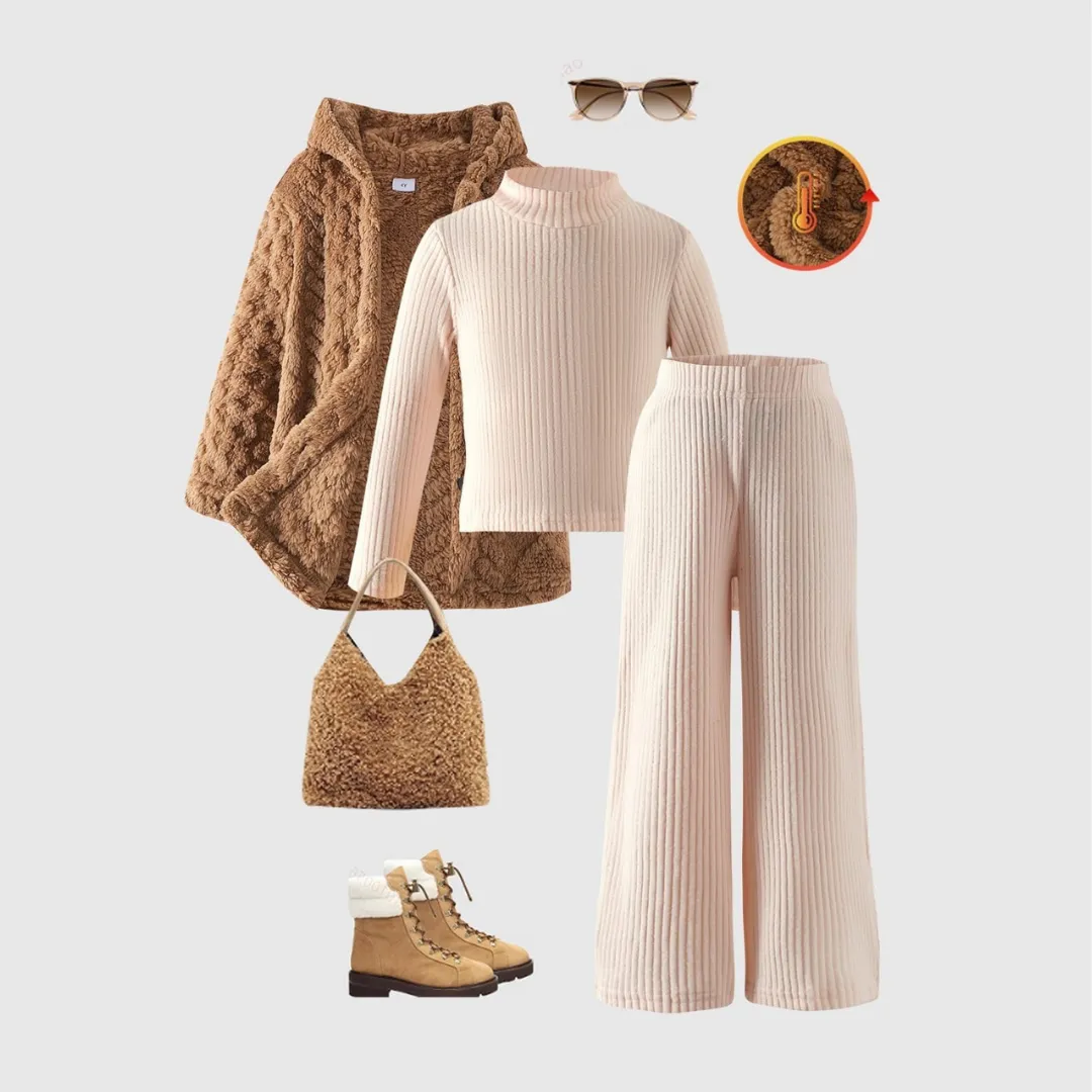 Girls' Cozy 3-Piece Winter Set – Ribbed Knit Mock Neck Top, Wide-Leg Trousers & Plush Teddy Jacket