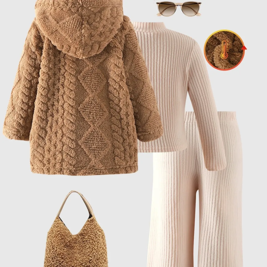 Girls' Cozy 3-Piece Winter Set – Ribbed Knit Mock Neck Top, Wide-Leg Trousers & Plush Teddy Jacket