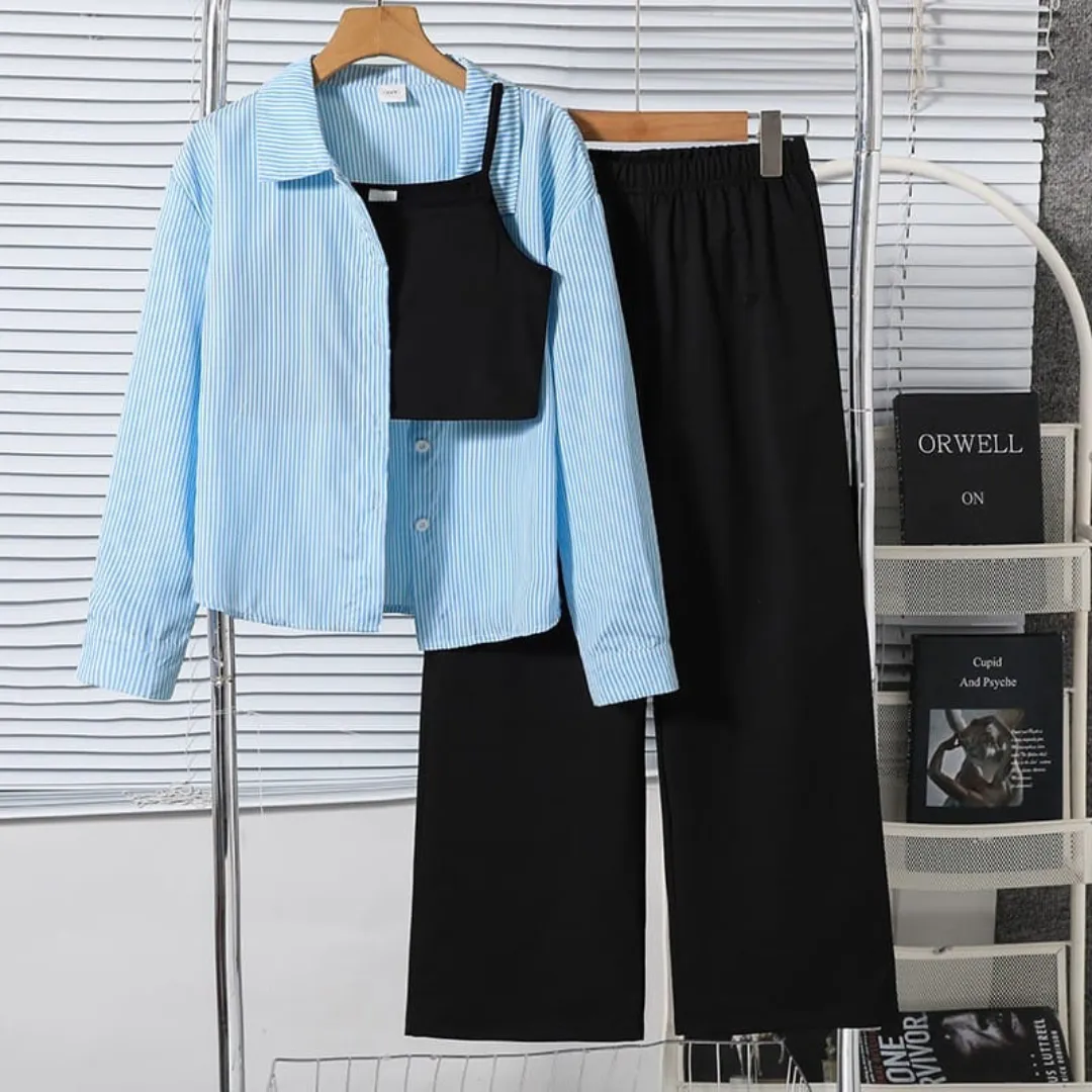 Girls' 3-Piece Trendy Outfit Set Blue Striped Button-Down Shirt, Black Crop Cami Top & Wide-Leg Trousers