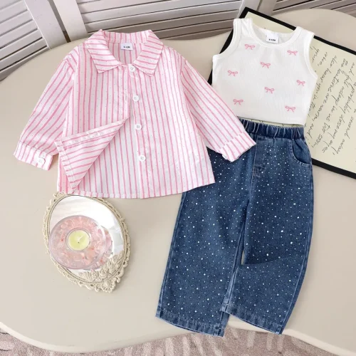 Toddler Girls 3-Piece Striped Shirt, Ribbed Tank Top & Embellished Denim Jeans Set