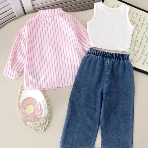 Toddler Girls 3-Piece Striped Shirt, Ribbed Tank Top & Embellished Denim Jeans Set