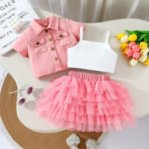 Trendy Pink 3-Piece Toddler Girl Outfit – Denim Jacket, Camisole Top & Layered Tulle Skirt Set