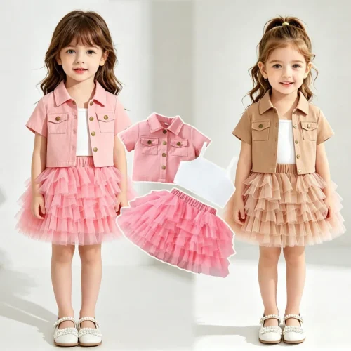 Trendy Pink 3-Piece Toddler Girl Outfit – Denim Jacket, Camisole Top & Layered Tulle Skirt Set