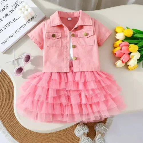 Trendy Pink 3-Piece Toddler Girl Outfit – Denim Jacket, Camisole Top & Layered Tulle Skirt Set