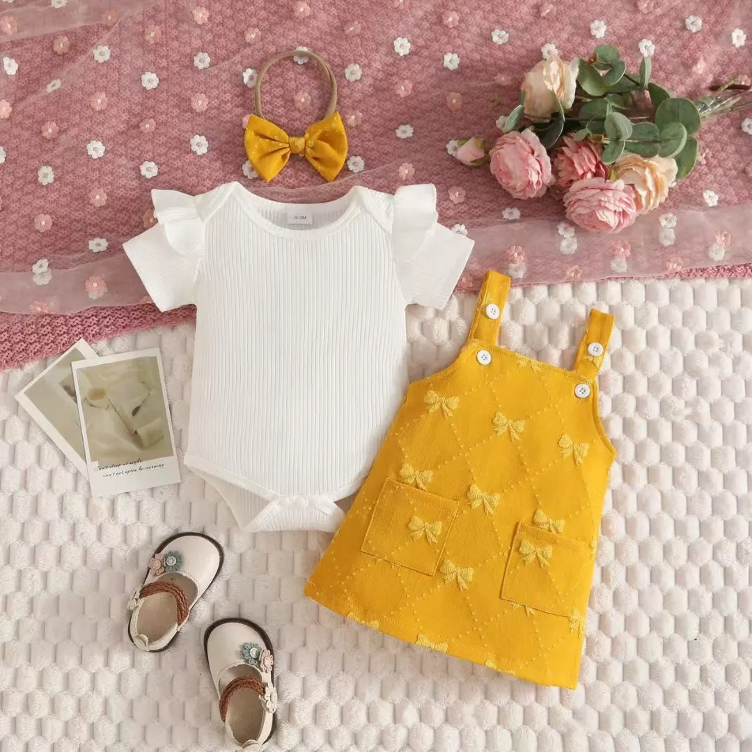 Baby & Toddler Girls 3-Piece Ribbed Flutter Sleeve Top, Overall Dress & Matching Headband Set