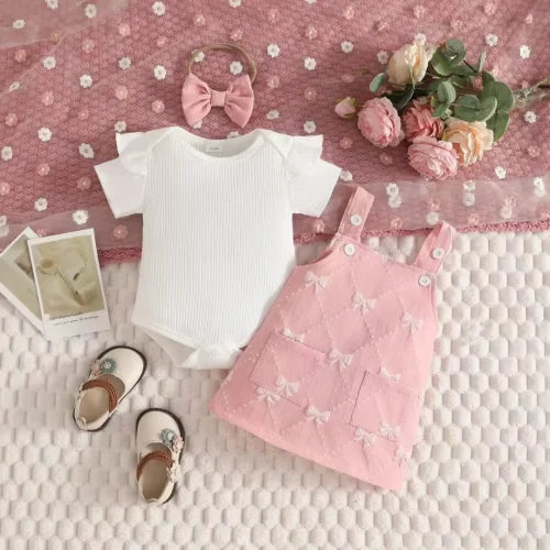 Baby & Toddler Girls 3-Piece Ribbed Flutter Sleeve Top, Overall Dress & Matching Headband Set