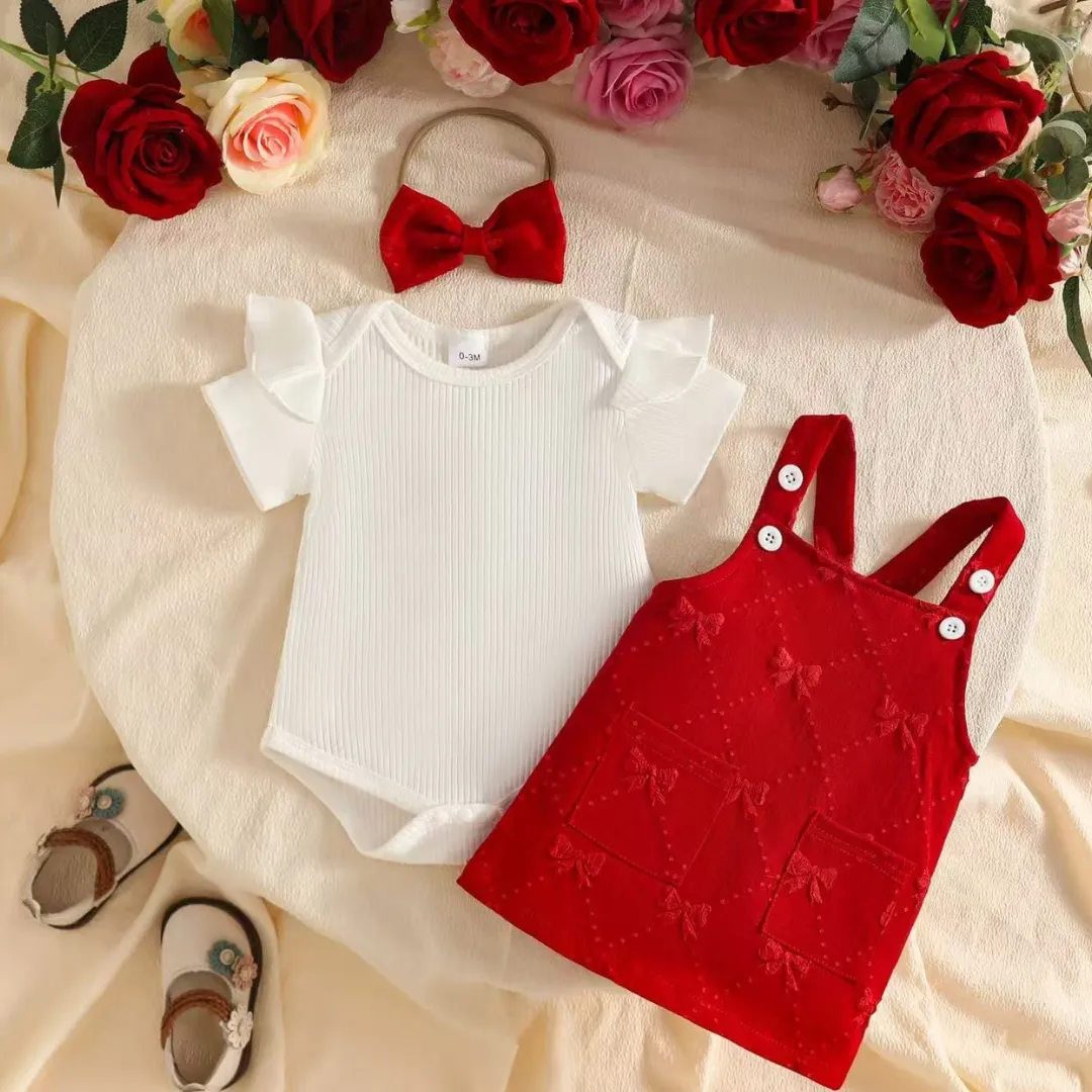 Baby & Toddler Girls 3-Piece Ribbed Flutter Sleeve Top, Overall Dress & Matching Headband Set