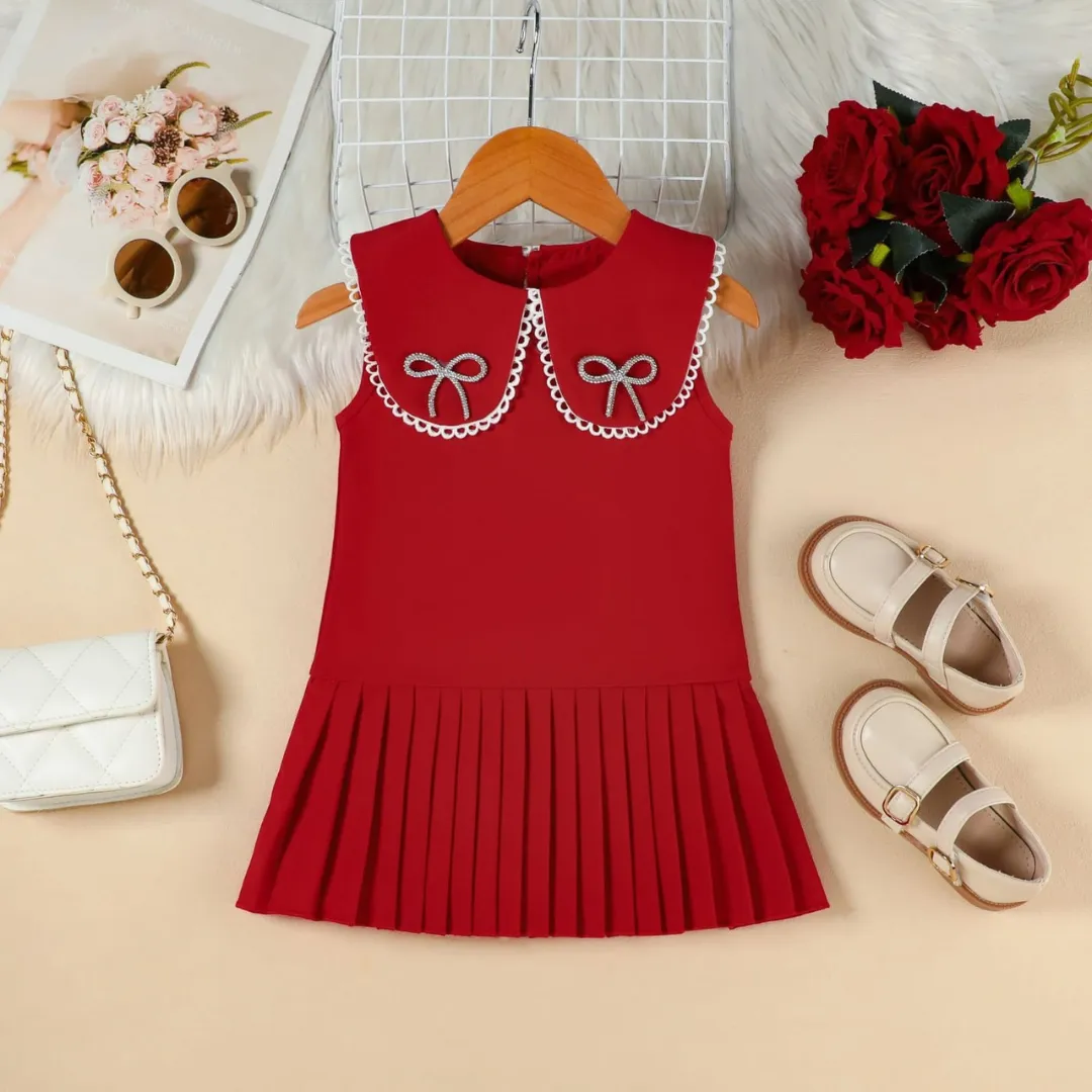 Girls Bow Collar Pleated Dress