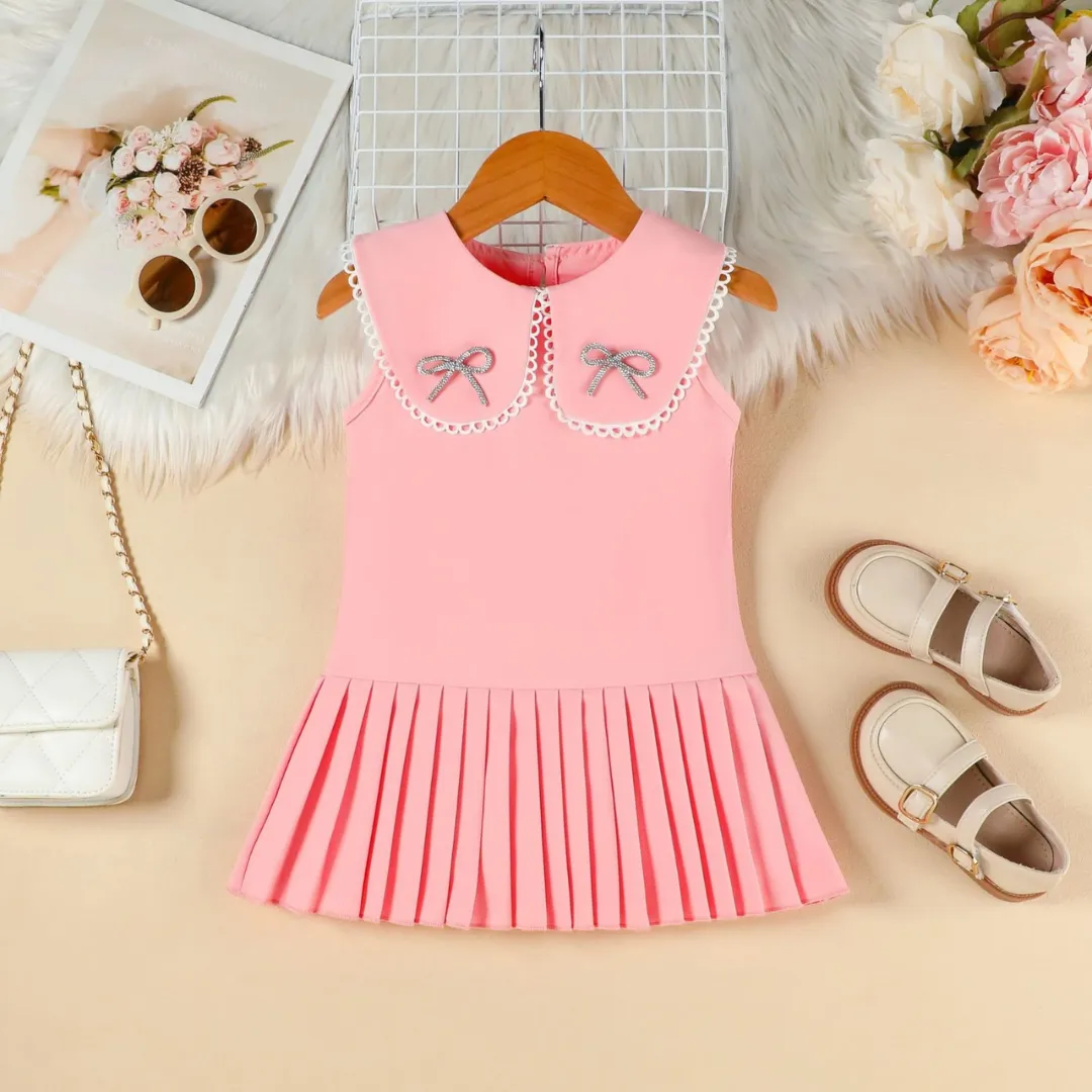 Girls Bow Collar Pleated Dress
