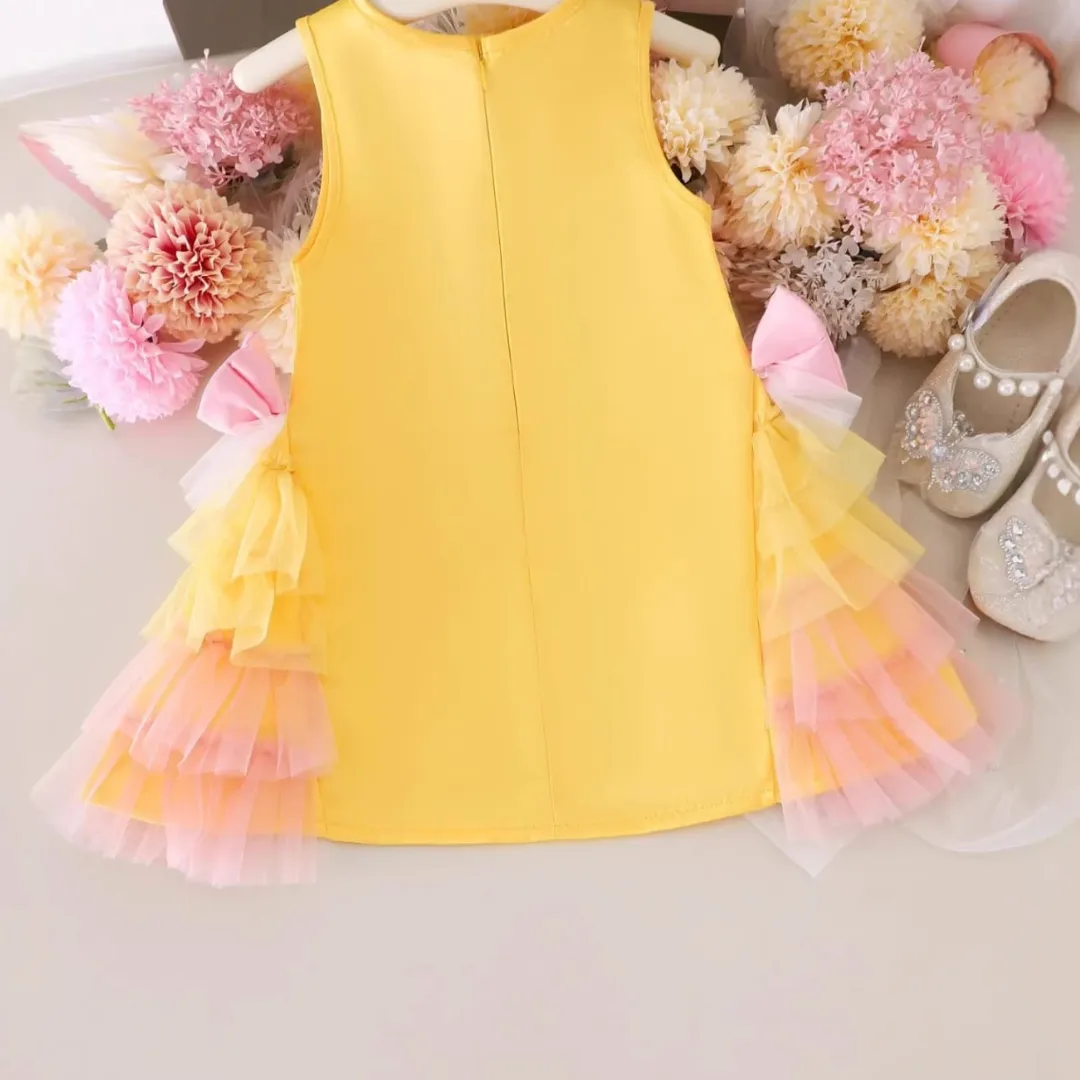 Cute Yellow Baby & Toddler Party Dress with Pink Satin Bows & Tulle Ruffles
