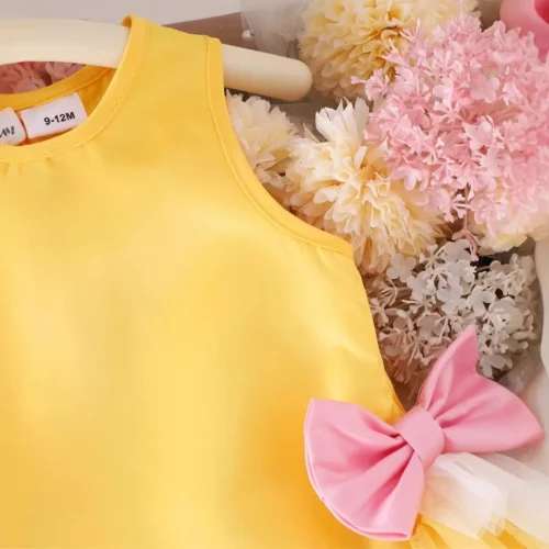 Cute Yellow Baby & Toddler Party Dress with Pink Satin Bows & Tulle Ruffles