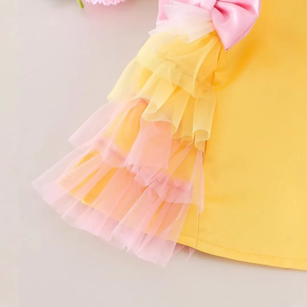 Cute Yellow Baby & Toddler Party Dress with Pink Satin Bows & Tulle Ruffles