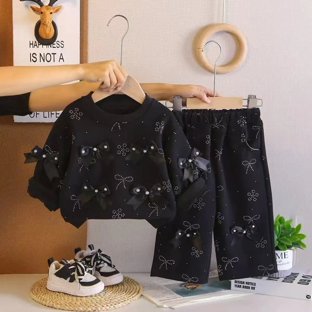 Girls' Ribbon & Rhinestone Sweatshirt Set