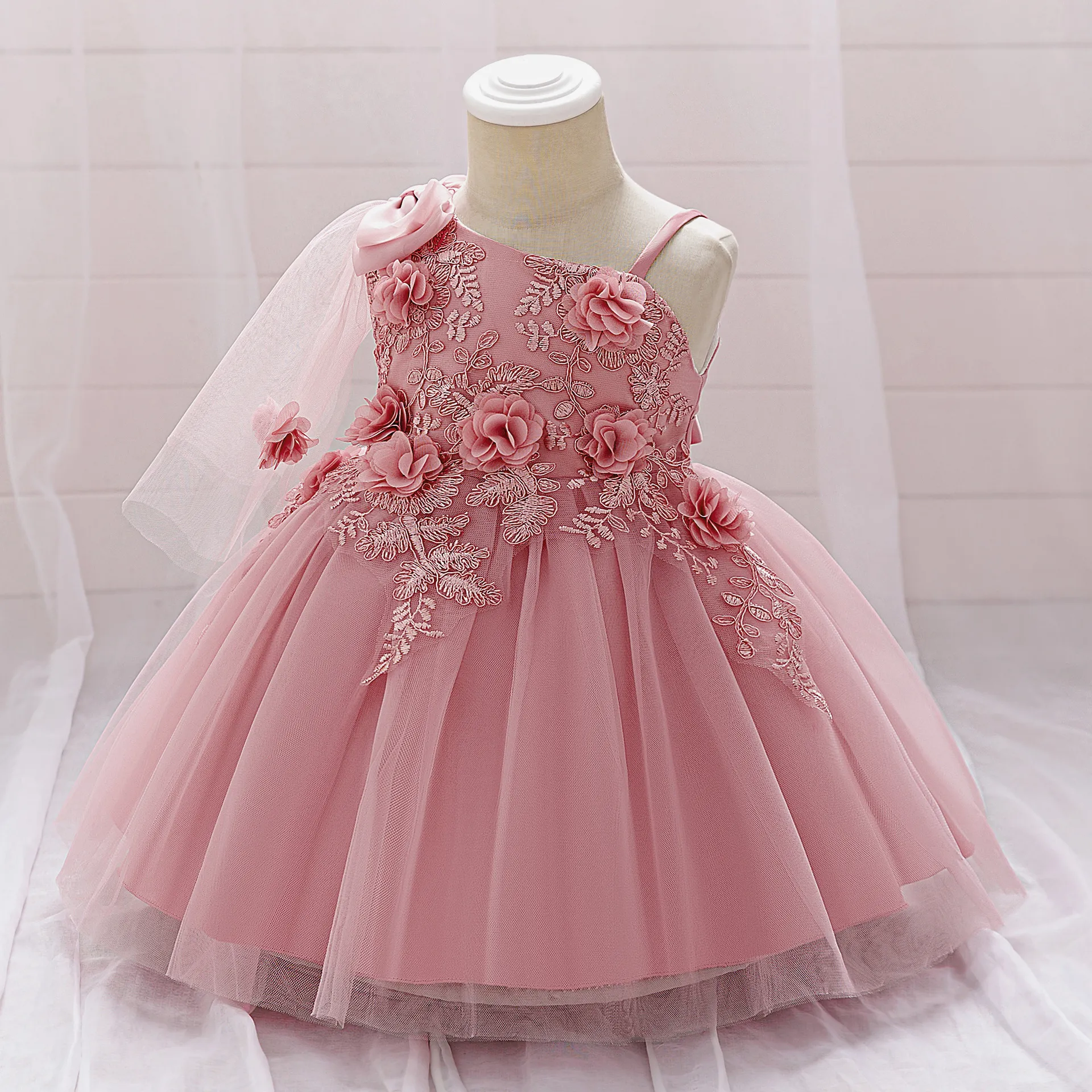 Girls' One-Shoulder Lace & Tulle Party Dress