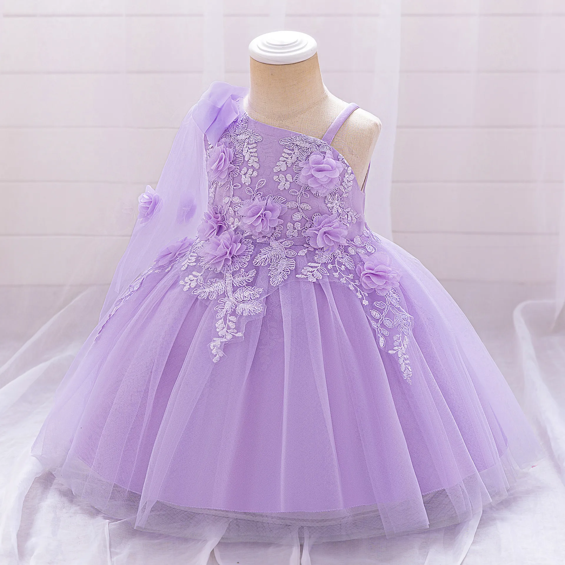 Girls' One-Shoulder Lace & Tulle Party Dress