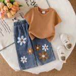 Infant & Toddler Girls Waffle Knit Short-Sleeve Top and Floral Patch Denim Jeans Set - 6-9M