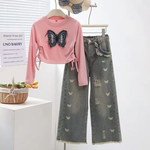 Girls' Butterfly Top & Wide-Leg Jeans
