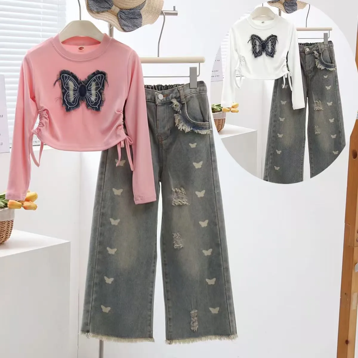 Girls' Butterfly Top & Wide-Leg Jeans