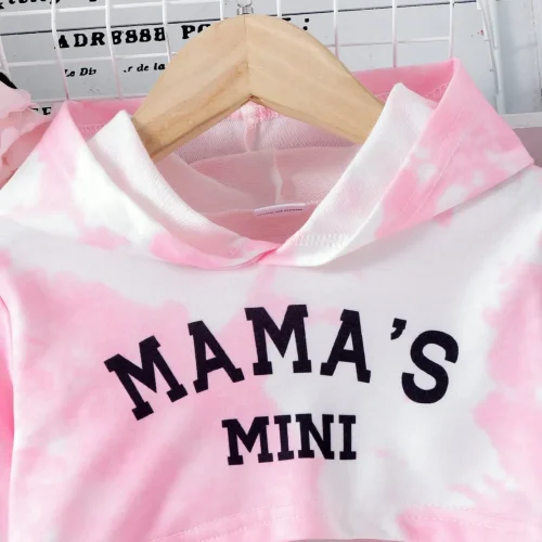 Girls' "Mama's Mini" 3-Piece Tie-Dye Tracksuit Set – Pink & White Hoodie, Cami Top & Joggers