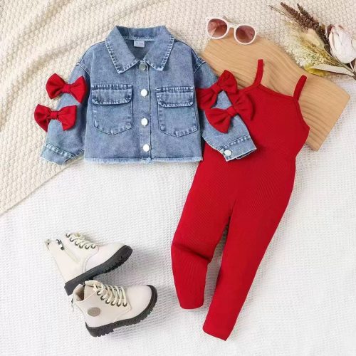 Girls' 2-Piece Red Ribbed Jumpsuit and Bow-Accent Denim Jacket Set